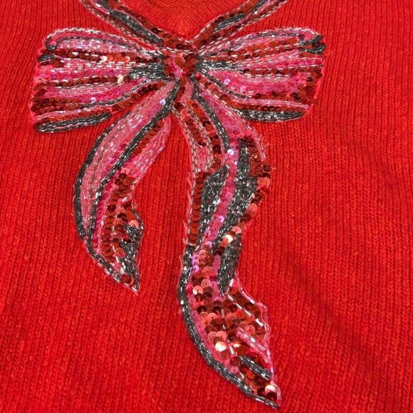 Vintage 1992 Red Knit Sequin Bow Sweater Silk/Nylon/Angora/Lambswool Size Medium - Picture 3 of 8